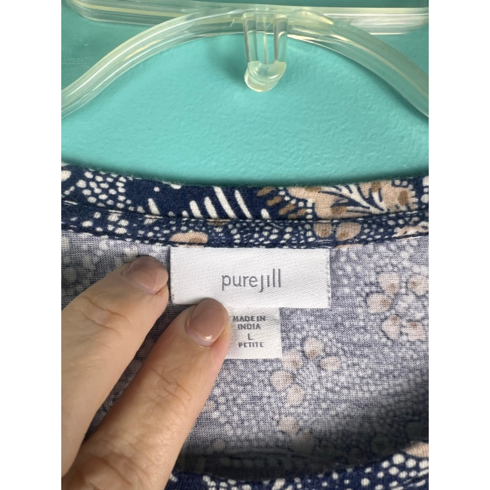 J.Jill Pure Jill Women’s L Petite Navy Beige Leaf Print Short Sleeve Dress Pocke - Picture 2 of 7